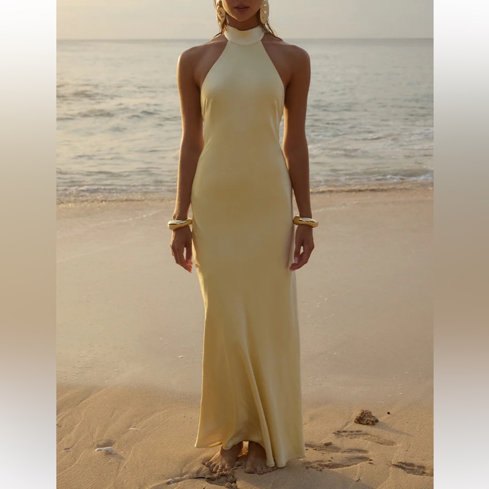 Backless Halter Satin Maxi Dress in Pale Yellow